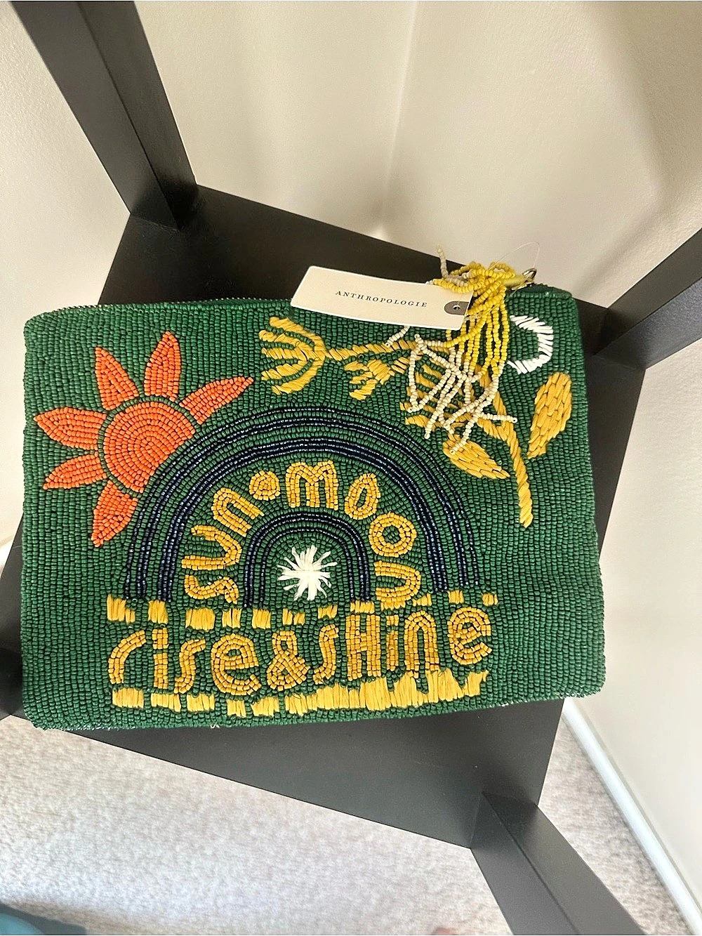 Anthropologie Beaded Cosmetic Pouch Green & Yellow